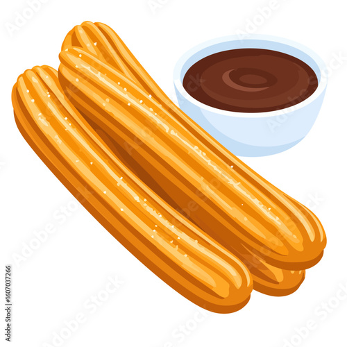 Golden fried churros sprinkled with sugar, served with a side of rich chocolate dipping sauce.