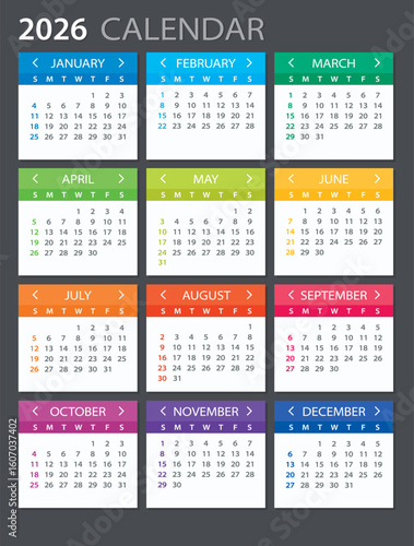 2026 Calendar - illustration. Template. Mock up Week starts Sunday. Vector illustration