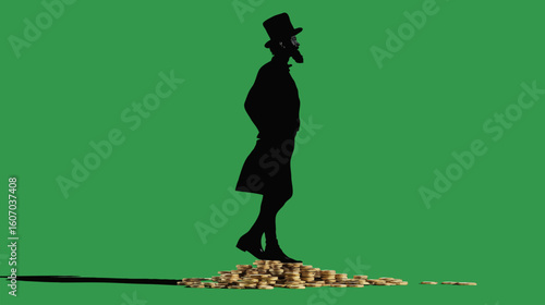 Silhouette of man in top hat standing on gold coins