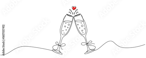 Continuous one line drawing of two Champagne glasses cheers with ribbon bow and red heart isolated on transparent background. Vector illustration for Valentine day, wedding invite. Editable stroke. 