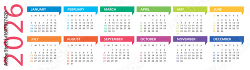 2026 year calendar - vector Illustration. Week starts on Sunday