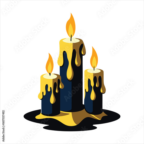 Dark candles with dripping wax and bright flames, arranged closely together to create a warm and mysterious ambiance