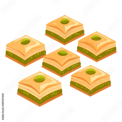 Vector illustration of six sweet baklava pastries with flaky phyllo layers, green pistachio filling, and nut garnish.