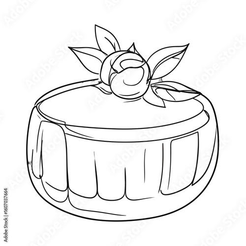Elegant line art drawing of a small round dessert cake topped with a single blooming flower and leaves.
