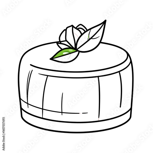 Minimalist line art of a round panna cotta dessert with a fresh green mint leaf and flower garnish.