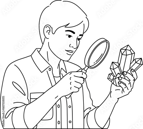 Curious Person Examining Crystals with Magnifying Glass - Line Art Illustration