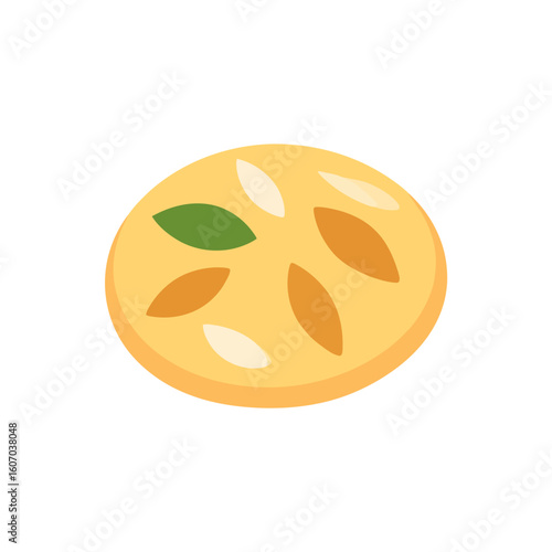 A round golden sweet or cookie with colorful nut toppings, depicted in a flat, isometric style.