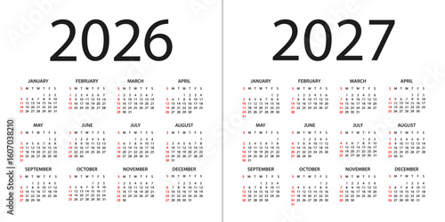 Calendar 2026, 2027 - illustration. Week starts on Sunday. Calendar Set for 2026, 2027 years