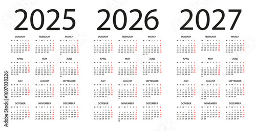 Calendar 2025, 2026, 2027 - illustration. Week starts on Monday. Calendar Set for 2025, 2026, 2027 years