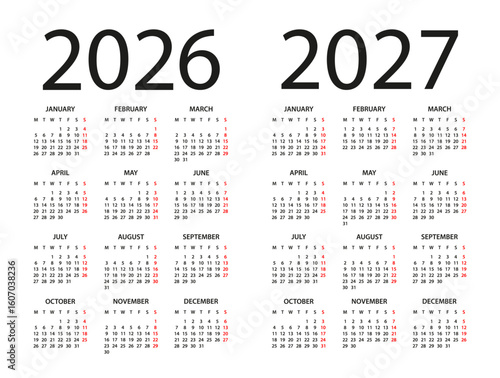 Calendar 2026, 2027 - illustration. Week starts on Monday. Calendar Set for 2026, 2027 years