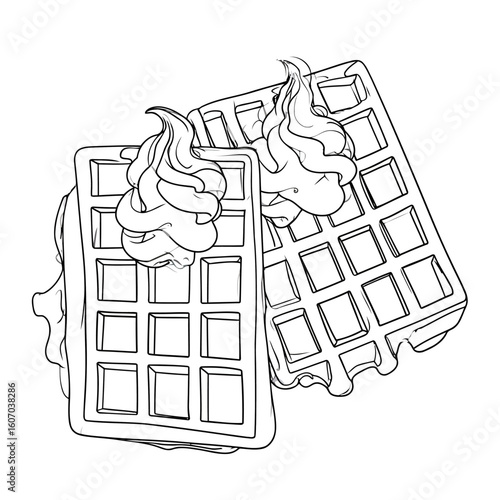 Line art illustration of two Belgian waffles topped with dollops of swirled whipped cream.