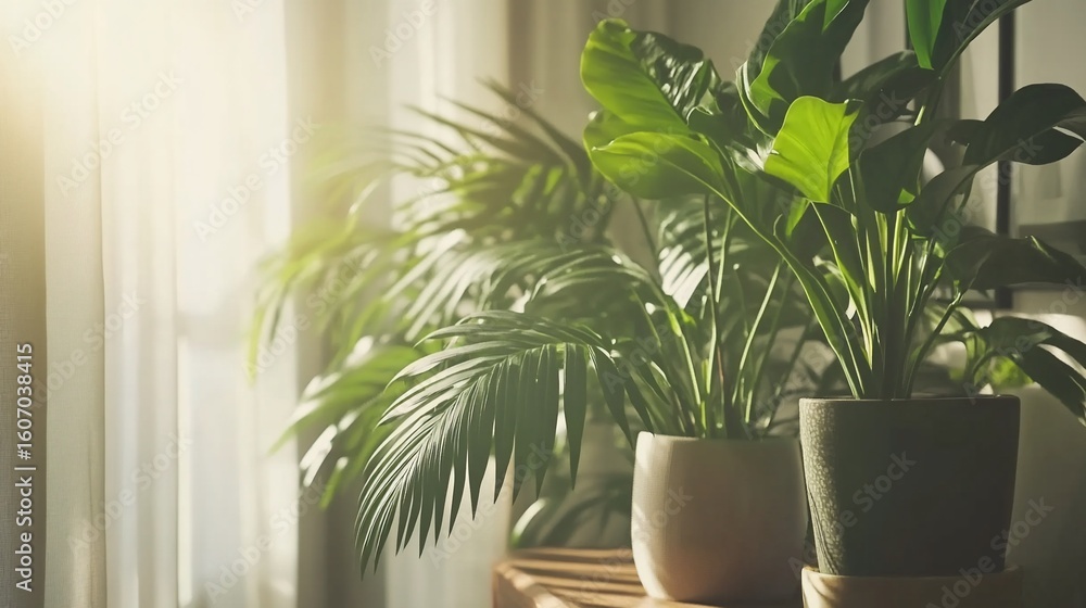 Obraz premium Indoor lush greenery, houseplants capturing gentle light in a serene ambiance