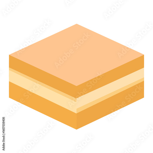 Minimalist isometric icon of a square layered sponge cake with cream filling.
