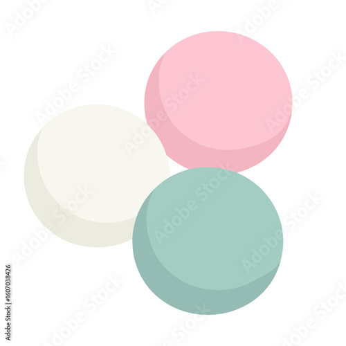 A simple vector illustration of three Hanami Dango mochi balls in soft pastel pink, white, and teal green colors, clustered together.