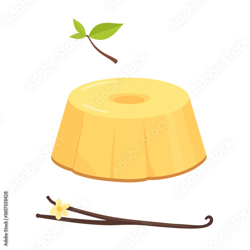 Smooth yellow vanilla pudding in a ring shape, garnished with a fresh mint sprig and a vanilla bean.