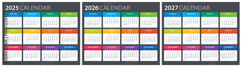 2025, 2026, 2027 Calendar - illustration. Template. Mock up