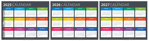 2025, 2026, 2027 Calendar - illustration. Template. Mock up