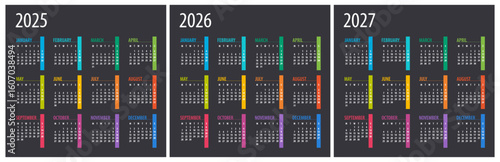 2025, 2026, 2027 Calendar - illustration. Template. Mock up