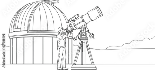 Astronomer Observing Through Telescope at Observatory - Line Art Illustration