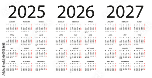 Calendar 2025, 2026, 2027 - illustration. Week starts on Monday. Calendar Set for 2025, 2026, 2027 years