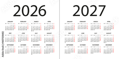Calendar 2026, 2027 - illustration. Week starts on Monday. Calendar Set for 2026, 2027 years