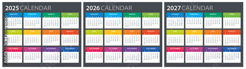 2025, 2026, 2027 Calendar - illustration. Template. Mock up