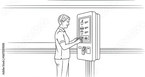 Person Using Self-Service Ordering Kiosk Line Art Illustration