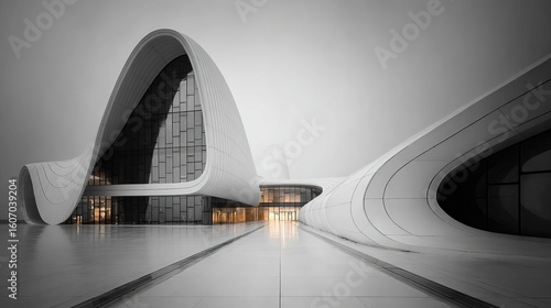 Close-up of the curved exterior walls, showcasing their elegant curves and minimalist design elements. 