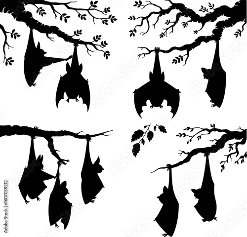 Black silhouettes of bats hanging upside down from tree branches vector