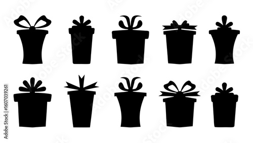  Gift boxes with ribbon icons Set. Gift box flat silhouette set.