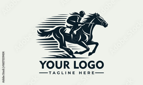 A dynamic logo depicting a jockey fiercely riding a horse at full speed, encapsulated within a stylized motion blur.