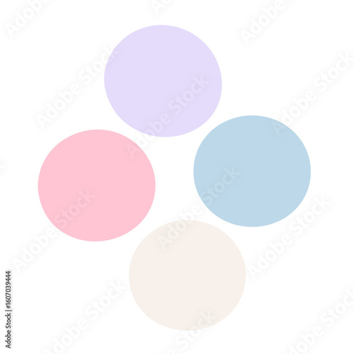 Four soft pastel circles in a simple geometric arrangement. Pink, lavender, blue, and cream dots.