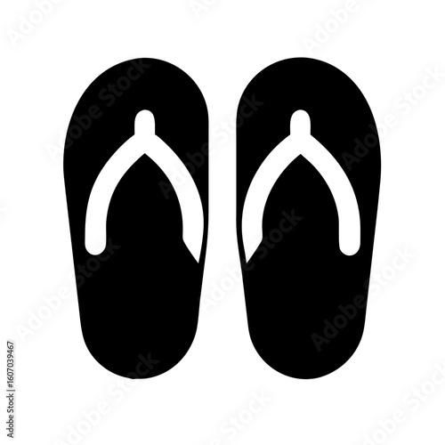 Pair of flip flops in simple black and white design, depicting summer footwear. Flip-flops represent casual lifestyle and vacation. This pair of flip flops is best used for icons, summer designs.
