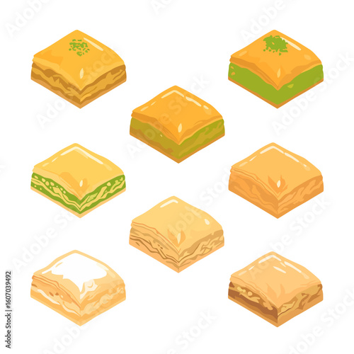 Isometric illustration set of various baklava pieces, a traditional sweet layered pastry with pistachio and nuts.