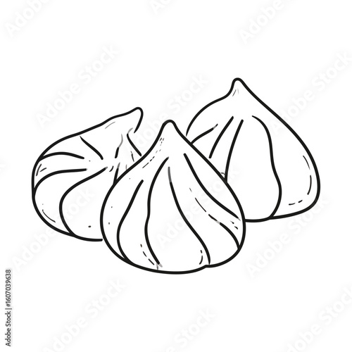 Three hand-drawn pleated dumplings in a minimalist line art style.