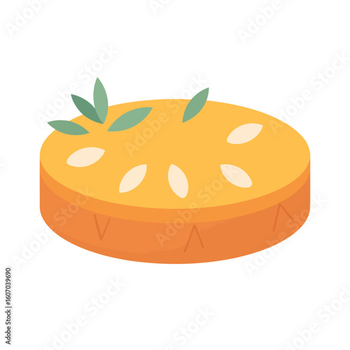 A whole golden-crust pie with decorative seeds and a fresh green leaf garnish.