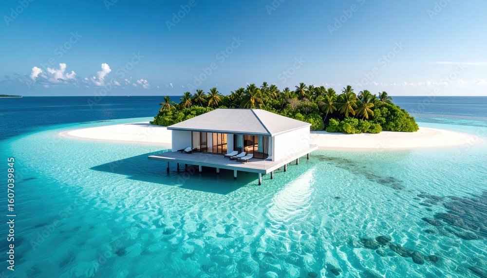 Luxurious Overwater Bungalow on a Tropical Island with Turquoise Waters Luxurious Overwater Bungalow on a Tropical Island with Turquoise Waters