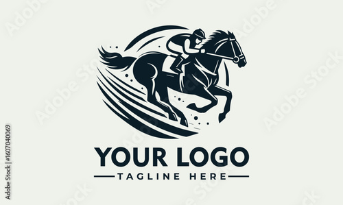 A silhouette of a racehorse with jockey in full stride, logo design.