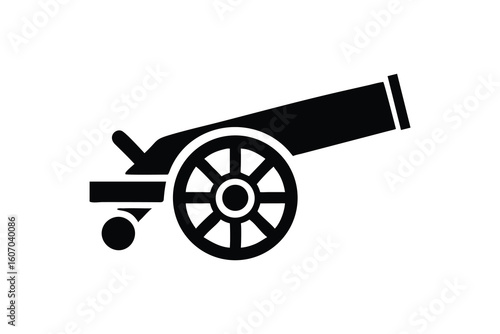 Silhouette of a historical cannon with a large wheel and barrel on a white background