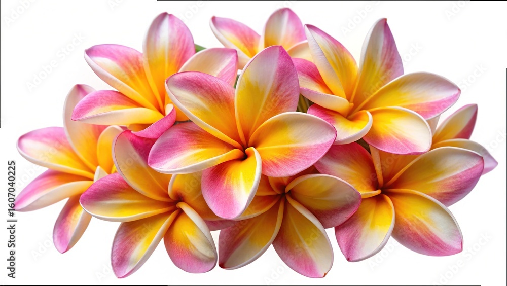 Fototapeta premium Closeup of a cluster of beautiful pink and yellow plumeria flowers