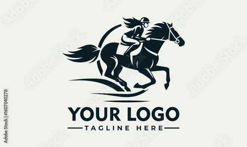 Silhouette of a jockey riding a horse at full gallop, framed by a circle and stylized ground lines.