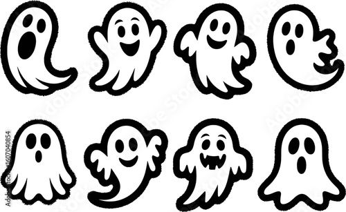 Eight playful white ghosts with black outlines and fuzzy edges halloween spooky