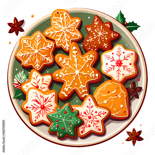 A festive platter of star-shaped gingerbread cookies decorated with intricate snowflake icing.