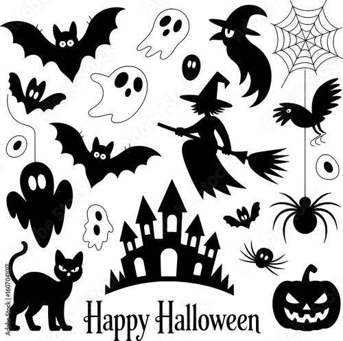 Halloween collection of spooky creatures and haunted castle silhouettes vector