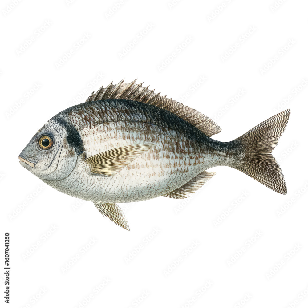 Fototapeta premium Detailed illustration of a fish species showcasing fins, scales, and body structure in a realistic style