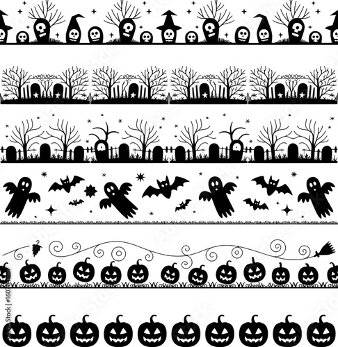 Halloween graveyard spooky creatures bats pumpkins and decorative swirls vector