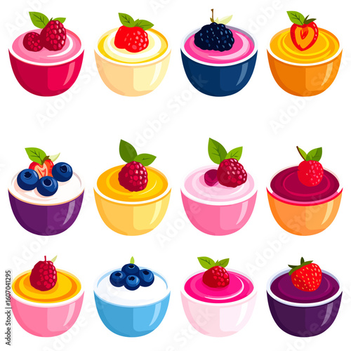 Set of colorful berry desserts in bowls, featuring yogurt and pudding with fresh fruit toppings.