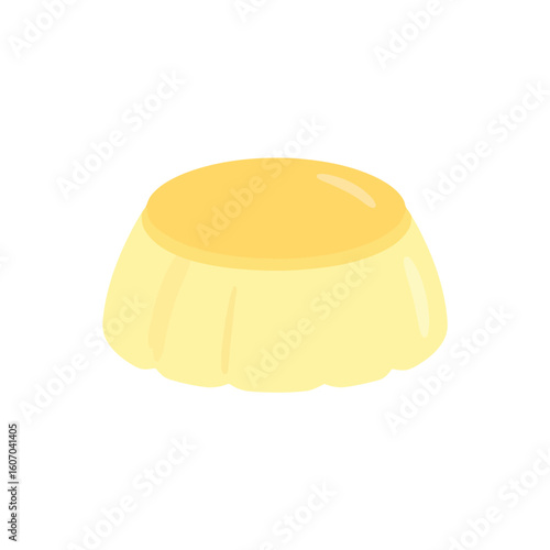 Cute cartoon illustration of a creamy yellow custard pudding with a glossy top and fluted sides.