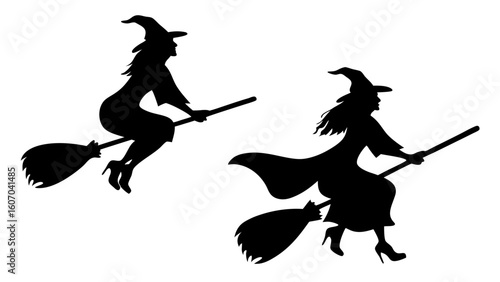 Set Of Flying Witch Silhouettes on Broomsticks