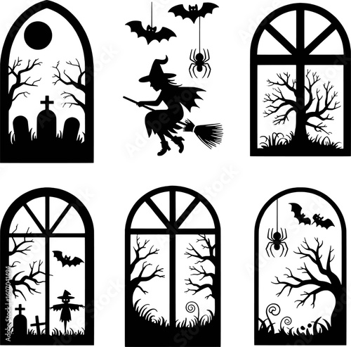 Halloween spooky scenes with witch bats spiders and graves broom flying